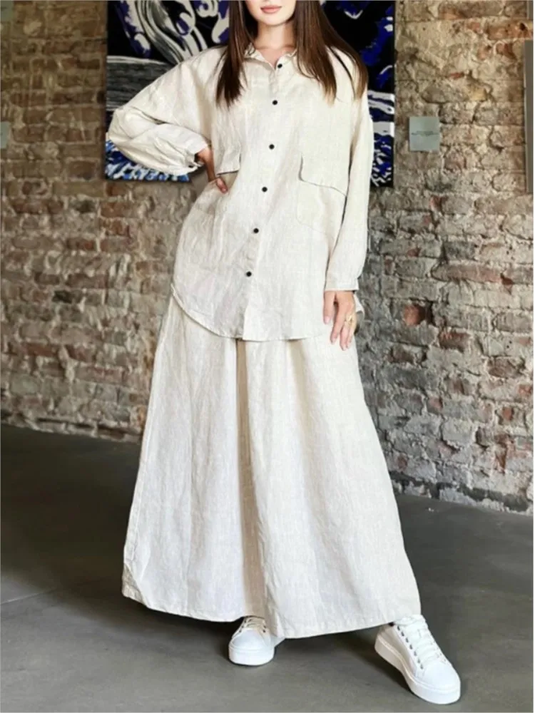 

Fashion Elegant Casual Woman 2 Piece Set Outfit Autumn New Women Retro Lapel Long Sleeve Shirt Casual Skirt Two-piece Set Solid
