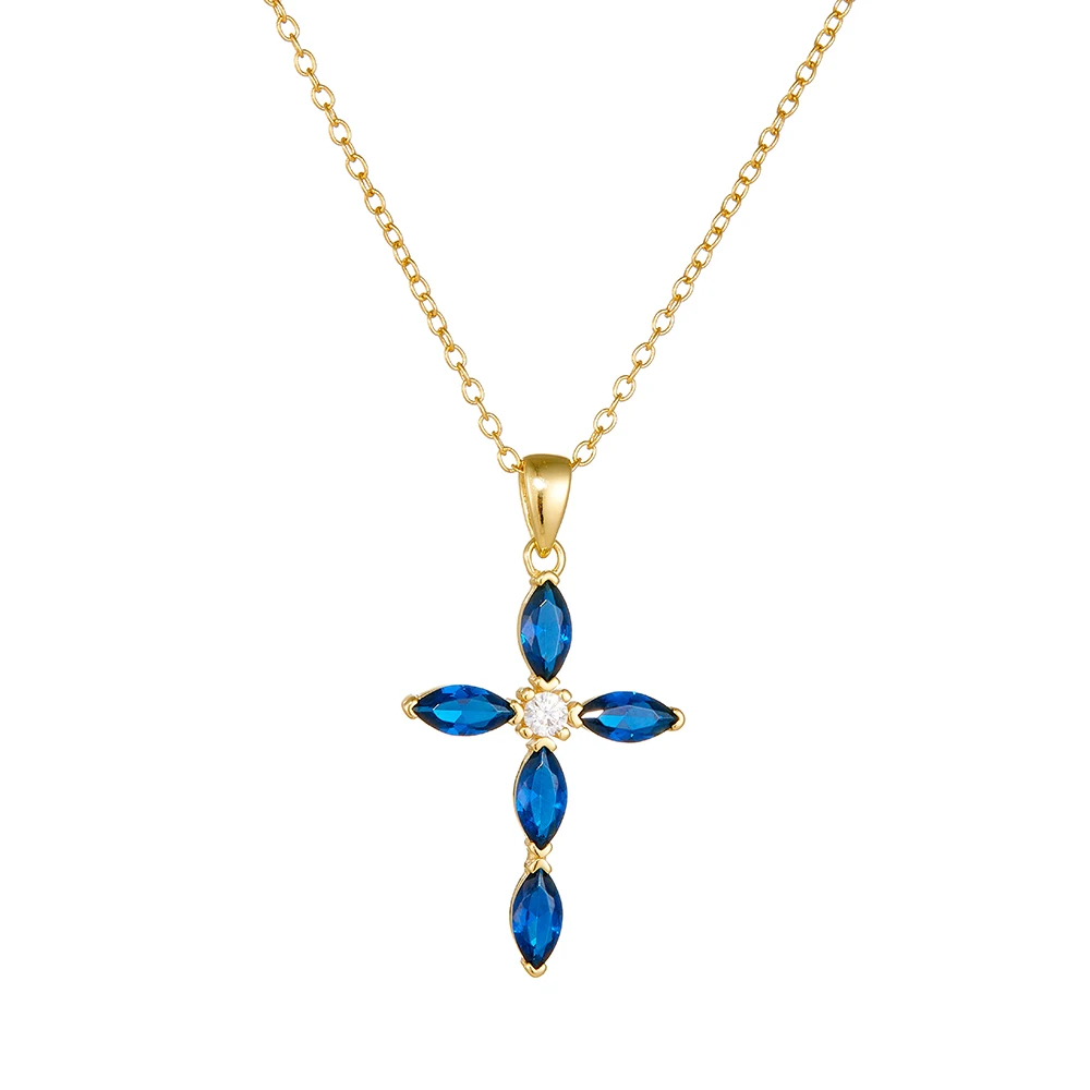 

Luxury Fashion S925 Sterling Silver Claw-Set Blue Zircon Cross Pendant Fine Jewelry Necklace
