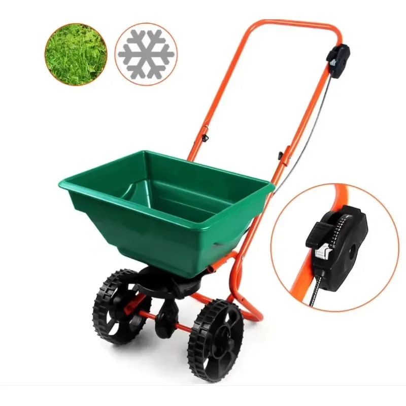 Towed behind the broadcast compost spreader with extended easy-to-reach handle