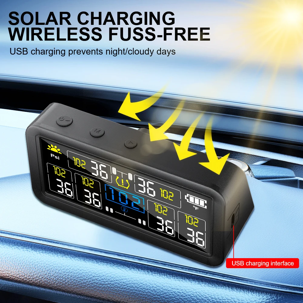 

Solar TPMS Car Tire Pressure Alarm Waterproof 0~9.9Bar Truck RV 4/6 External Sensors Digital LCD Display