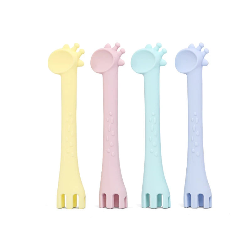 Cartoon giraffe rice spoon creative silicone mother and baby fork and spoon baby learning eating training feeding fork and spoon