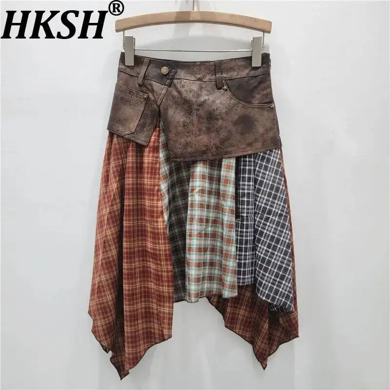 

HKSH Autumn New Women Skirt Plaid Patchwork Contrast Color Asymmetric Design Irregular Hem Streetwear Vintage Y2K Skirts HK12078