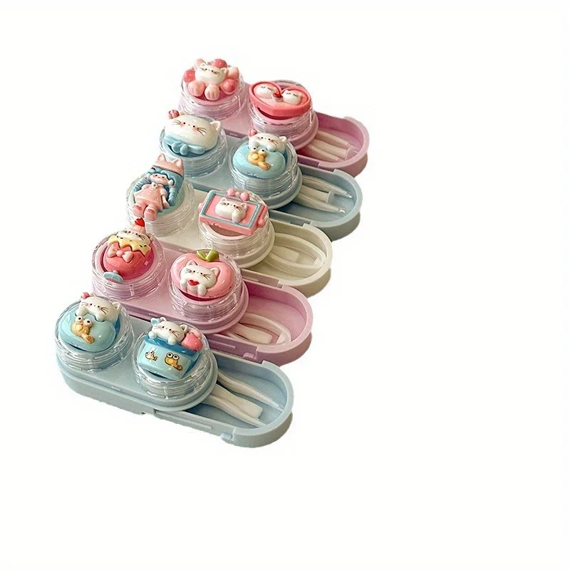 حافظة عدسات لاصقة على شكل قطة كرتونية، درج صغير محمول، تخزين يومي للسفر للنساء والفتيات