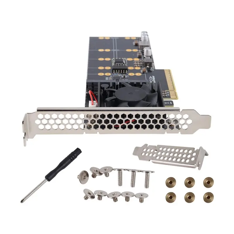 A53M-M. 2 Nvme SSD Expansion Card Pcie 3.0 X8 To Quad 4-Bay With Cooling Fan PLX8747 Chip, Split-Free, Compatible Module Include