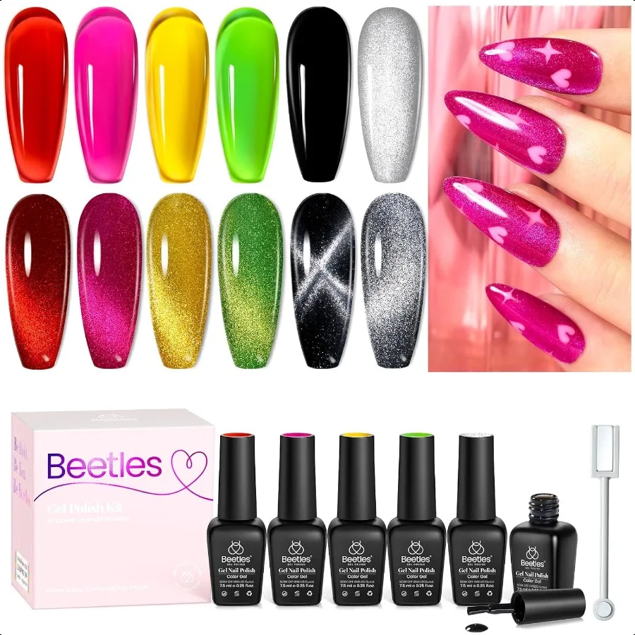 

Набор гель-лаков для ногтей Beetles, 6 цветов Sier Cat Eye Gel Polish Sheer Jelly, красный, розовый, желтый, зеленый, черный, неоновый гель, полупрозрачный блеск