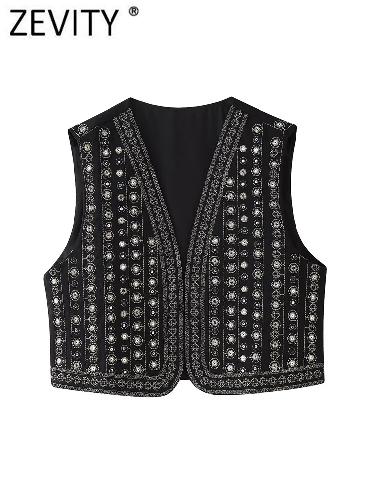 Zevity 2024 Women National Style Sequined Embroidery Open Stitch Short Vest Jacket Ladies Retro Cardigan WaistCoat Tops CT7150