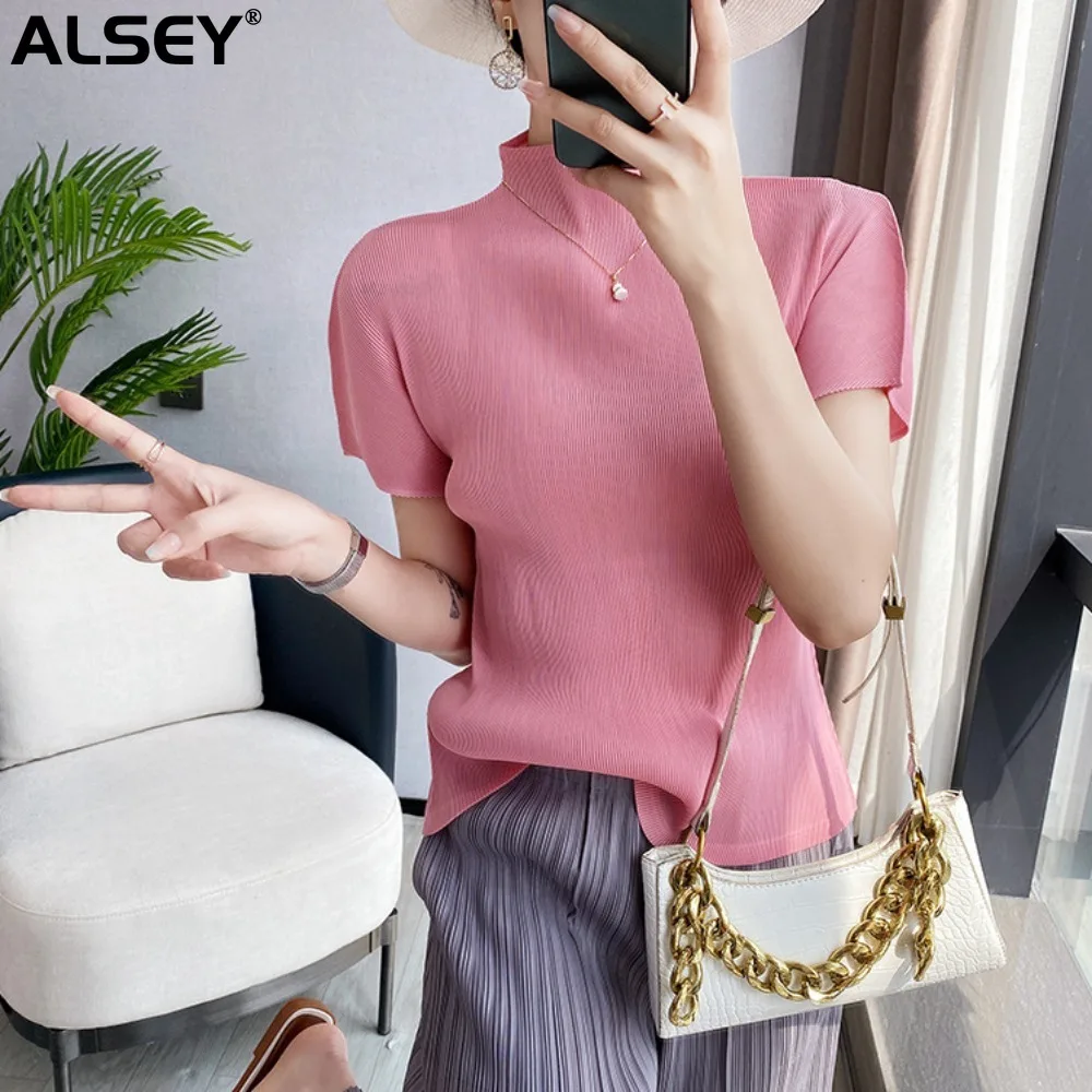 ALSEY Miyake Pleated Wrap Sleeve Korean Slim Tops Women's Summer New Solid Color Casual Simple Bottoming T-shirt for Women