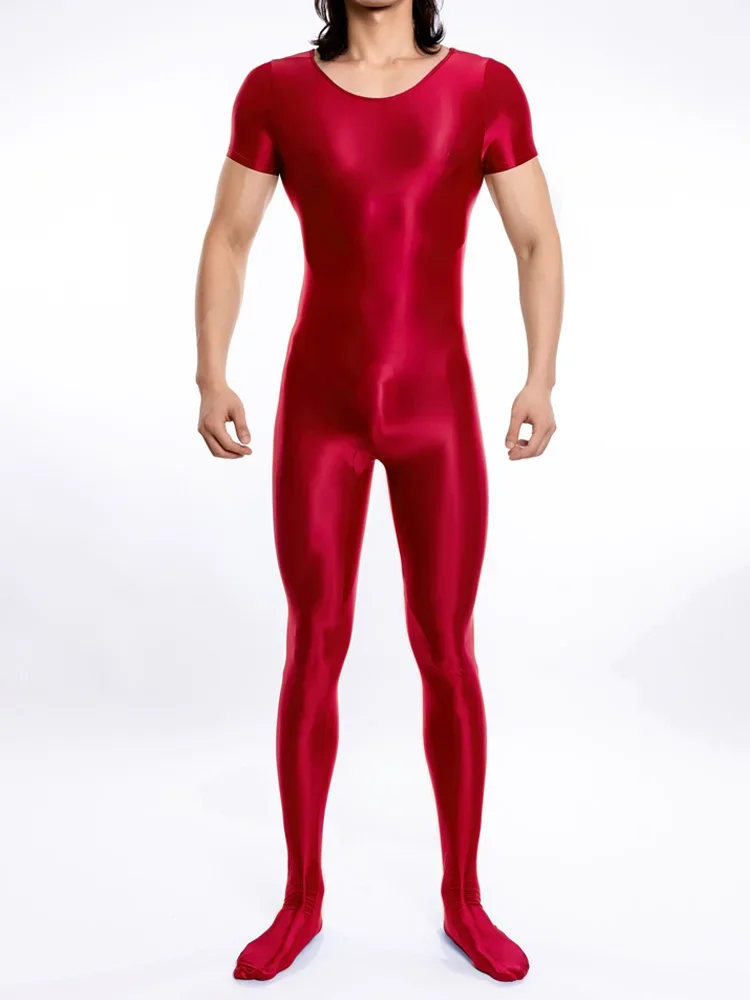 Tuta sexy in raso lucido Shaper ad alta elasticità Indossare body completo Collant a maniche corte Body esotico Zentai morbido unisex