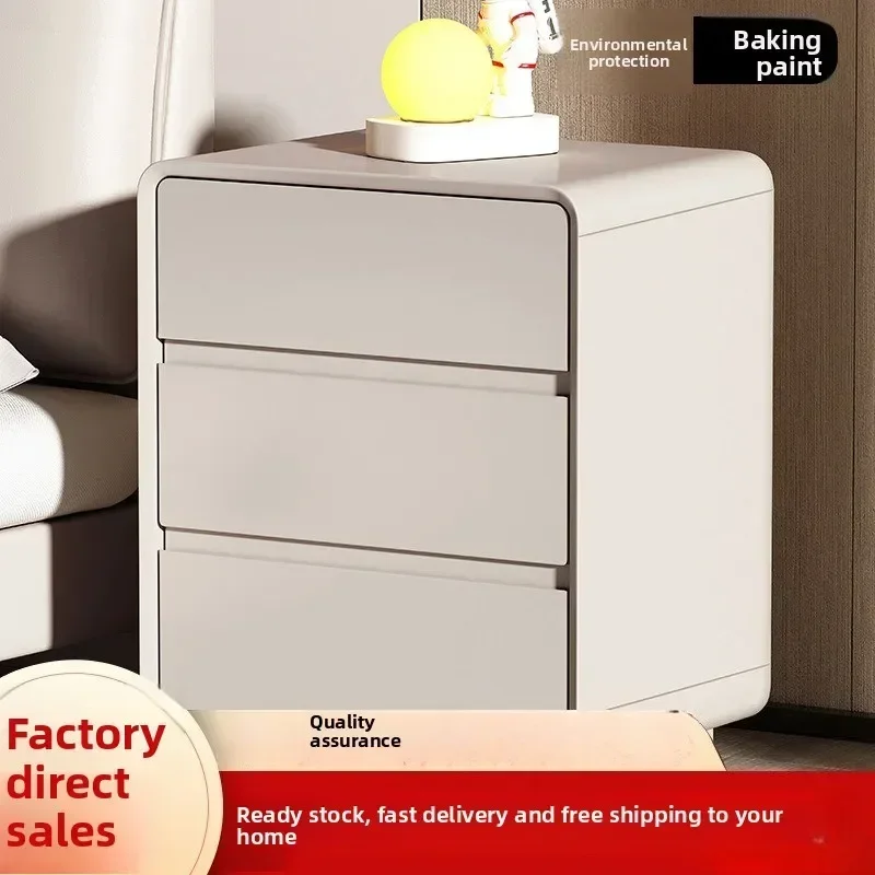Multi-functional Solid wood paint bedside table, bedroom home installation-free three-layer storage cabinet sturdy and durable