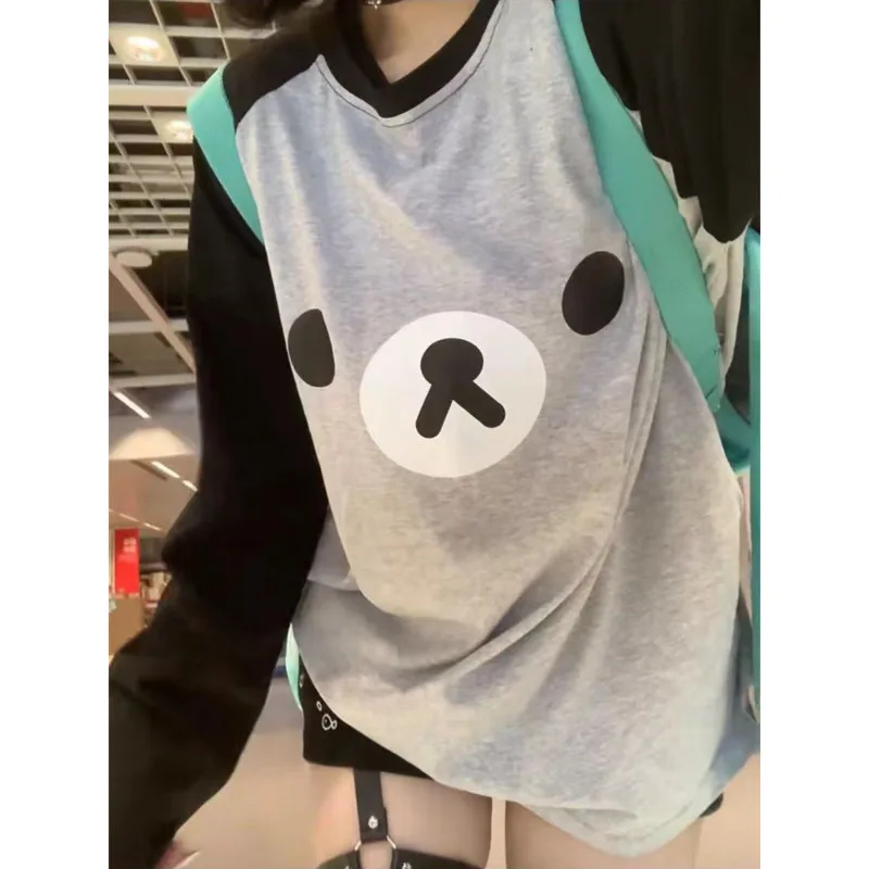 Rilakkuma T-shirt Cute Little Bear Image Patchwork Top Casual Relaxed T-Shirt Stylish Long Sleeve Round Neck Women's Clothing