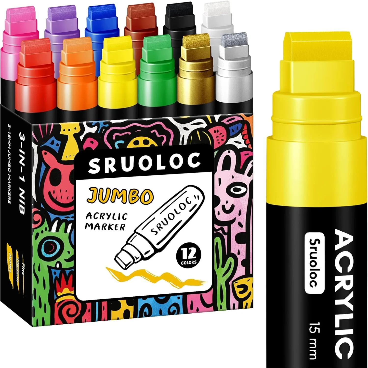 

12 Colors Jumbo Markers with 15mm Felt Tip for Rock Painting, Poster, Stone, Ceramic, Glass, Wood, Canvas