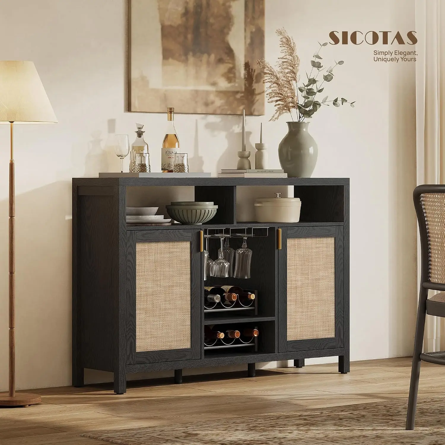 Rattan Coffee Bar Cabinet with Wine Racks & Metal Stemware Holders, Customized