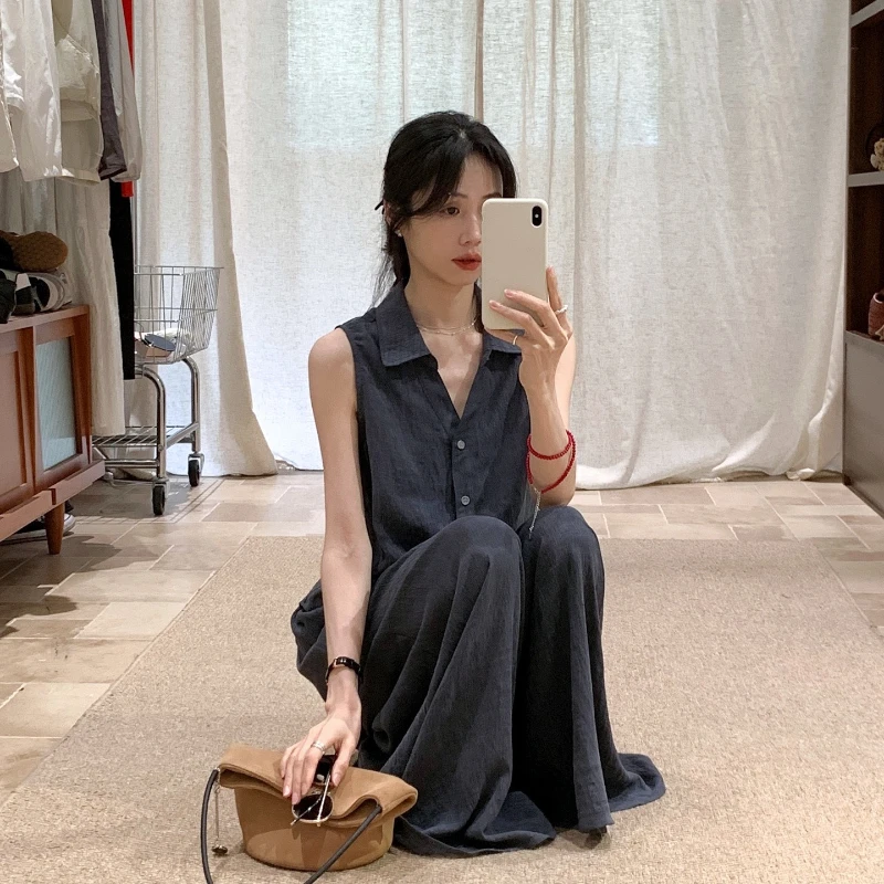 

Women Sleeveless Shirt Shorts Set Korean Fashion Navy Lapel Blouse Elegant Summer Outfit 2026 Casual Versatile 2 Piece