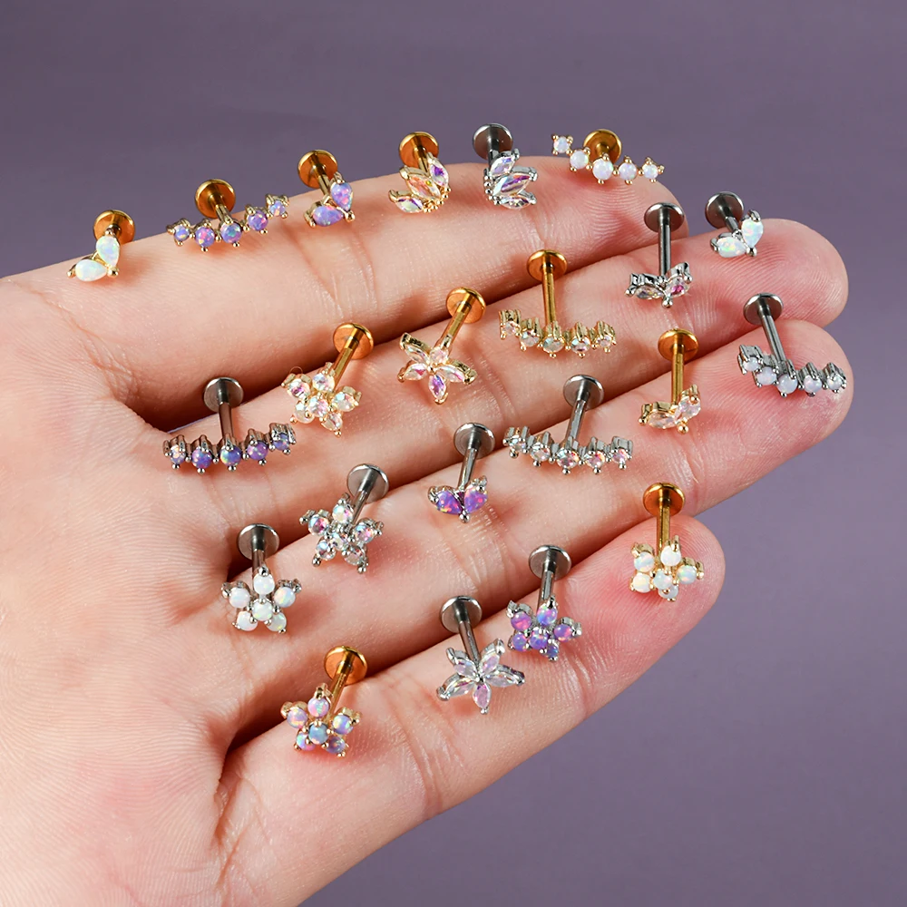 1PC 316L Stainless Steel Flower Ear Tragus Cartilage Piercing Opal Cz Crown Lobe Earrings Helix Piercing Labret Lip Piercing