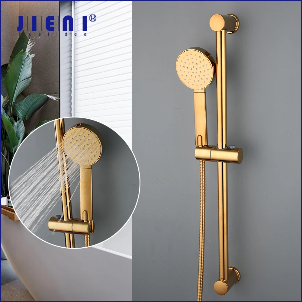 

JIENI Bathroom Gold Finished Plastic Handheld Shower Rod Wall Mounted Rainfall Round Shower Hand Double Hole Taps