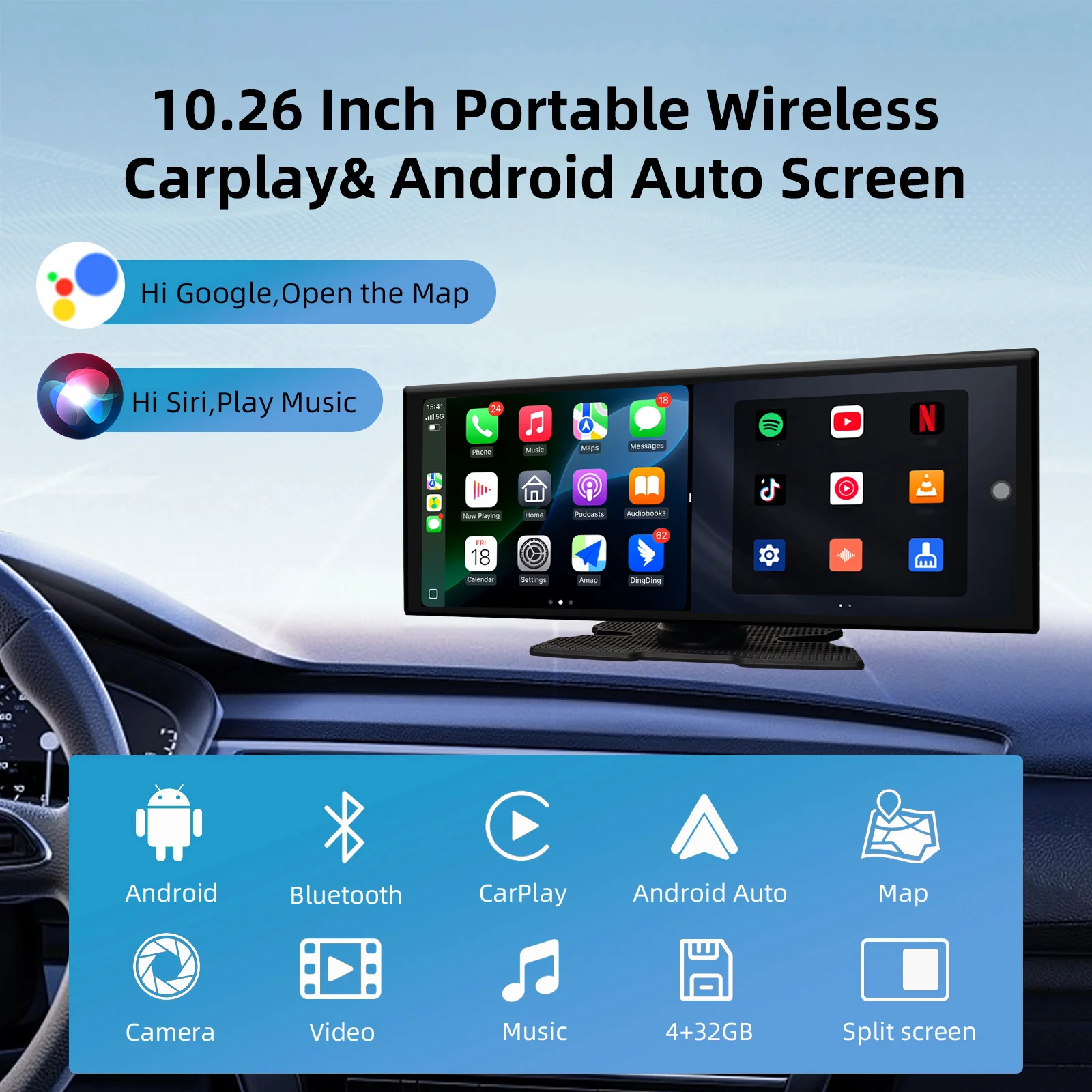 

Ezonetronics 4+32GB 10.26 Inch Touch Screen 4K Car Portable Wireless Apple CarPlay Android Split screen closed android system