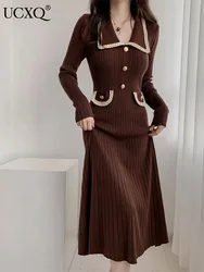 UCXQ Elegant Coffee Contrast Knit Dress Multiple Color Button All Match High Waist Long Dresses Women 2024 Spring Summer 23A8308