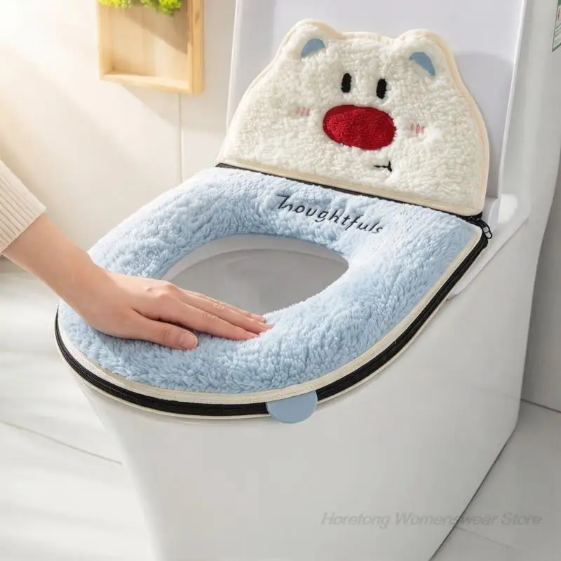 Thickened Lamb Fleece Toilet Seat Cover with Cartoon Backrest Full Wrap Zipper Closure Washable Warm Fluffy Plush Toilet Cushion
