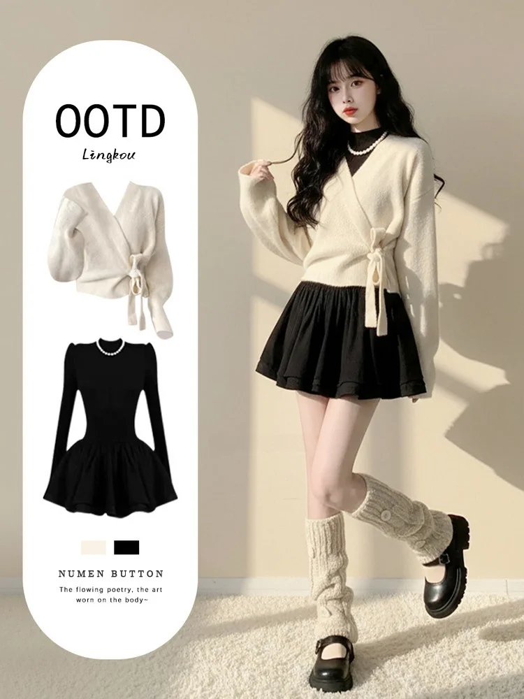 

Повседневный вязаный комплект из двух предметов для женщин: свитер и юбка в стиле Хепберн, облегающий крой, осенне-зимний комплект для отдыха