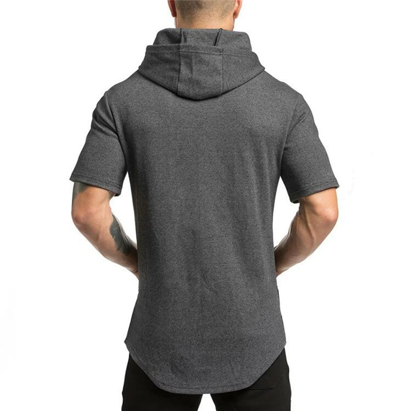 Gym Bodybuilding Running Sport Hooded T-shirts Mens Fitness Short Sleeve Muscle Muscle Shirts Cotton Breathable Slim Fit Hoodie