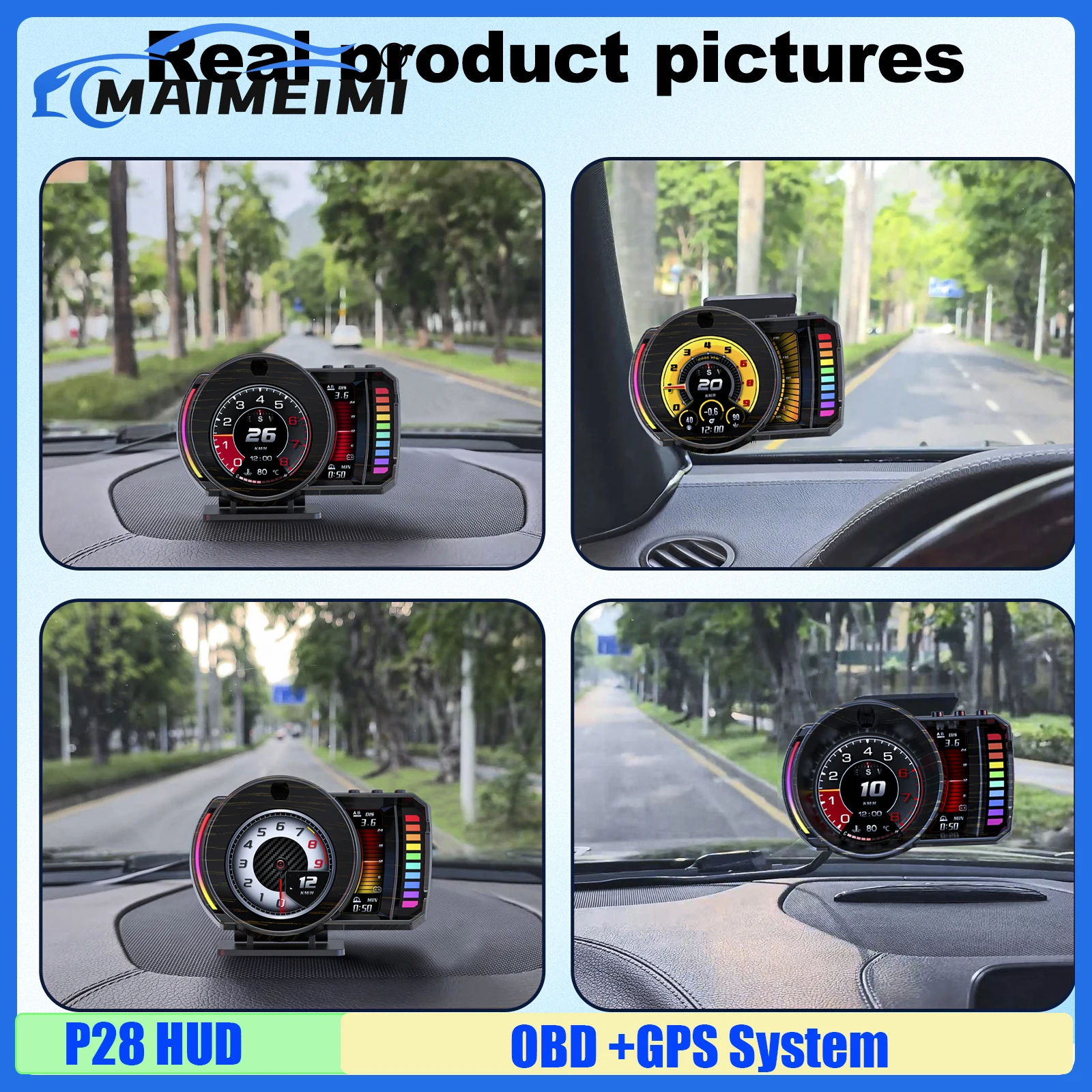 P28 Car HUD OBD+GPS Head-up Display RPM Fuel Consumption Turbine Pressure AFR  Water Temp Speed Voltage Alarm Fatigue Reminder