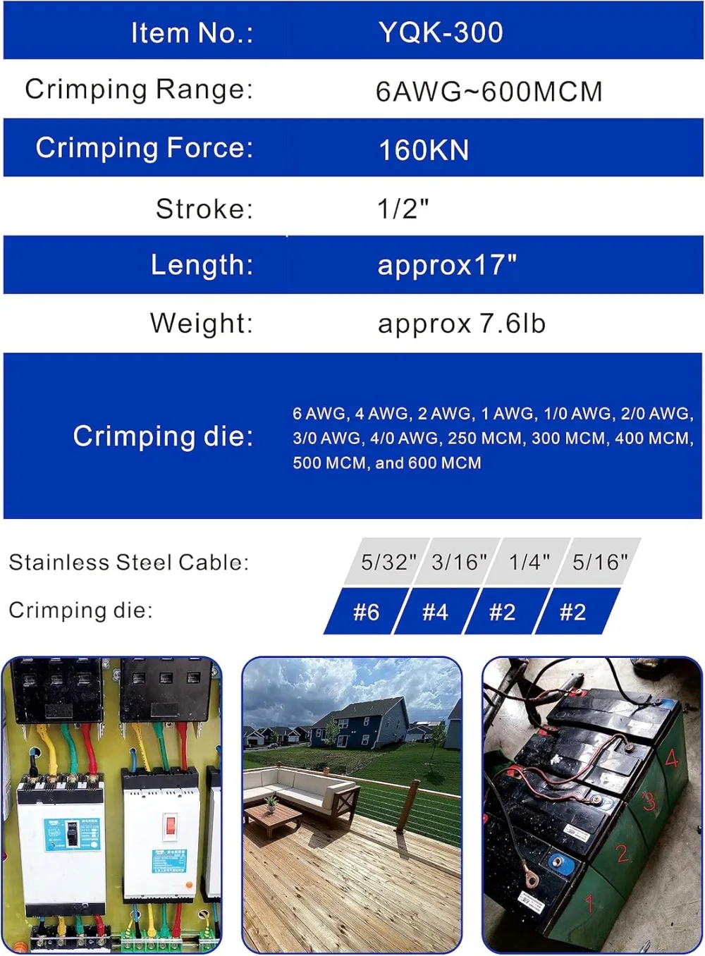 16 Ton Hydraulic Wire Crimper Battery Cable Lug Terminal Crimping Tool,Crimps 6 AWG To 600 MCM, Cable Crimping Tool