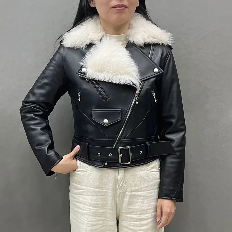 Lady Luxury Leather Jacket 2023 New Design Women Real Wool Lining Coat Tuscan Wool Biker Jackets Moto GT5543