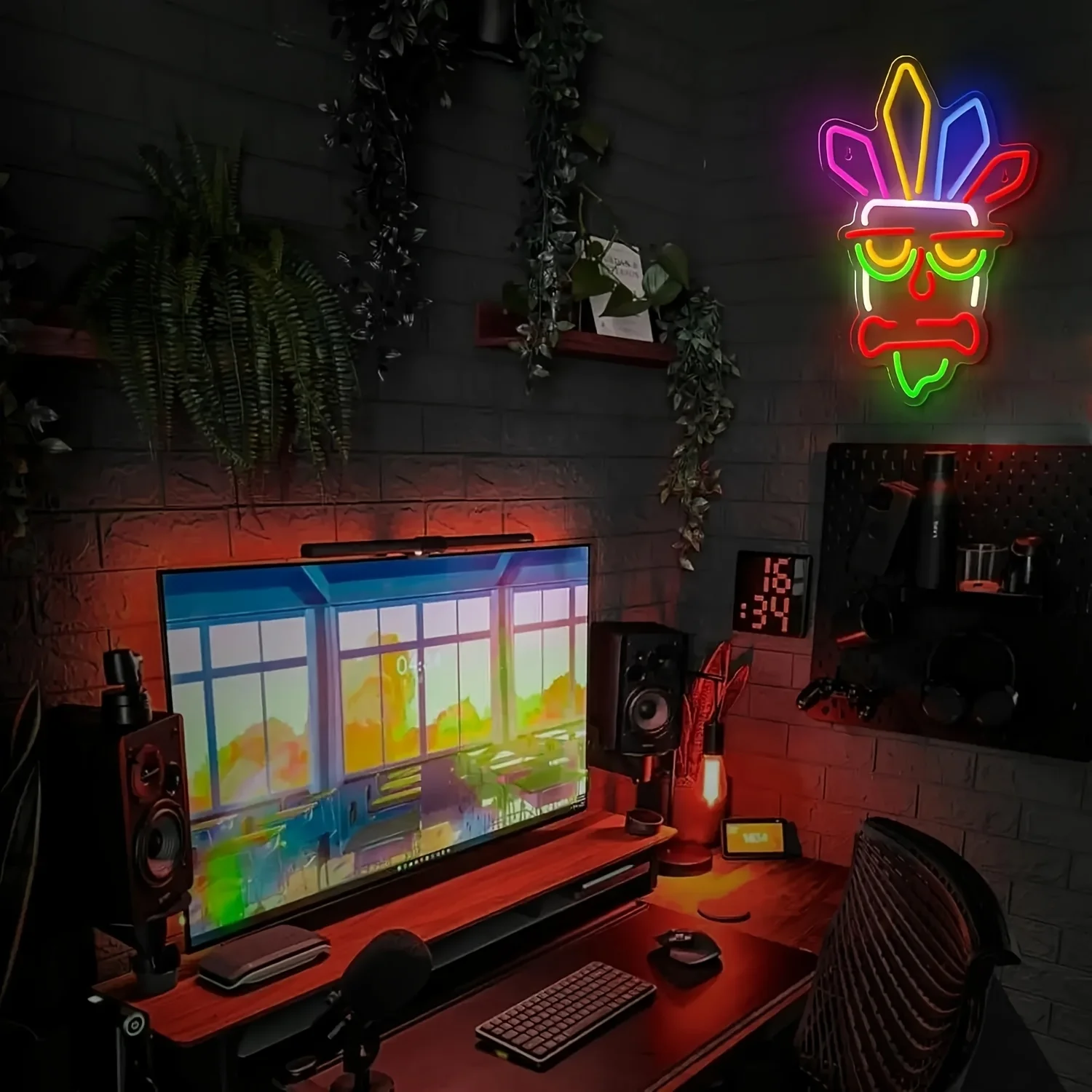Dimmable Vibrant Tiki Mask LED Neon Sign | USB-Powered Wall Decor with Push Button Control for Bars, Restaurants, Parties