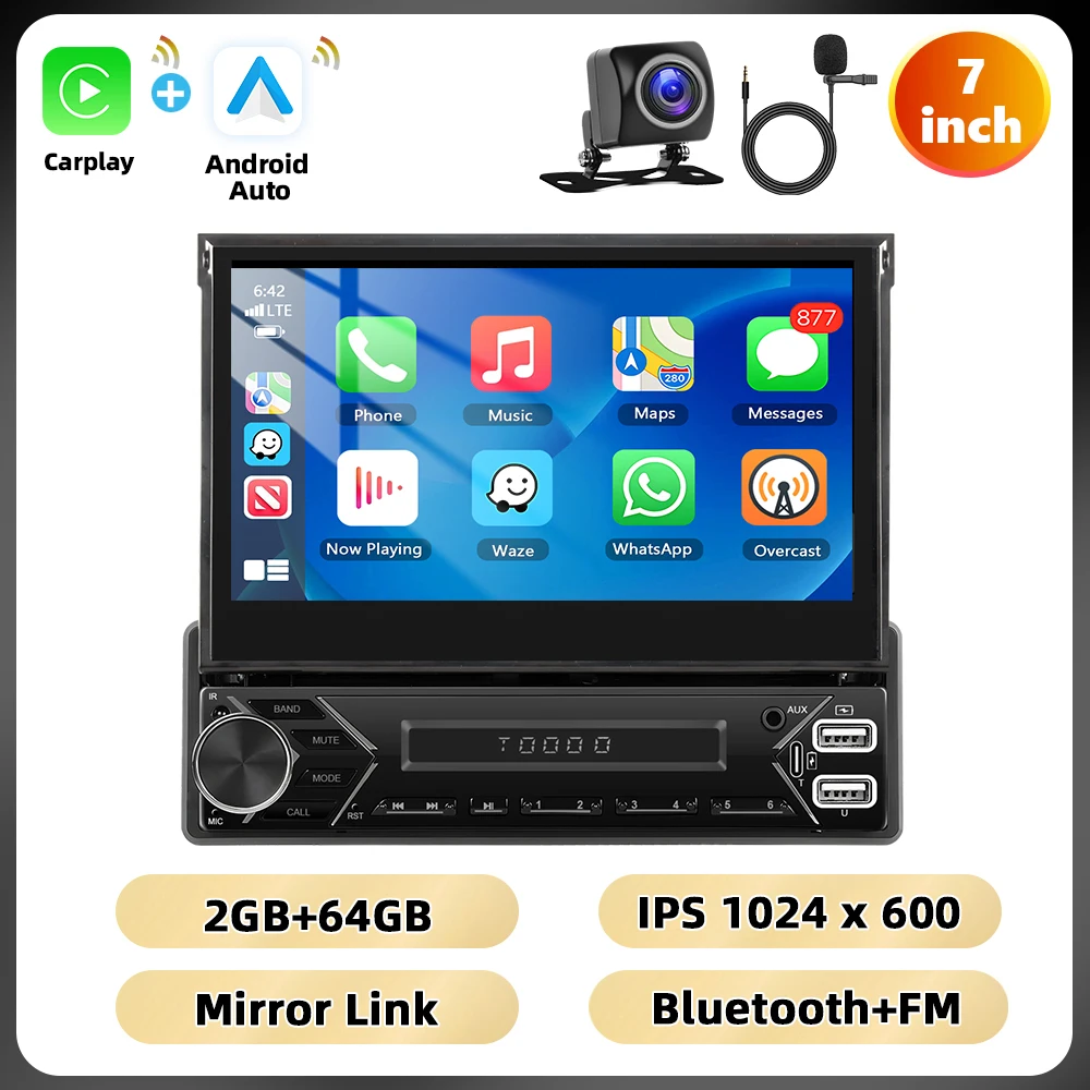Podofo 7 ''Handmatige Intrekbare Scherm Autoradio 1din Mp5 Speler Bluetooth Fm Mirrorlink Aux Audio Usb & Type-C Poort Autoradio
