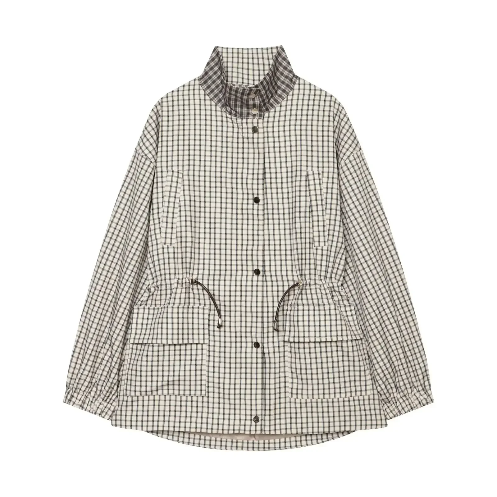 Casual Grid Women Jackets Spring Autumn Female Stand Neck Single Breasted Waist-Cinching Drawstring Coats Lady Daily Outwear Top