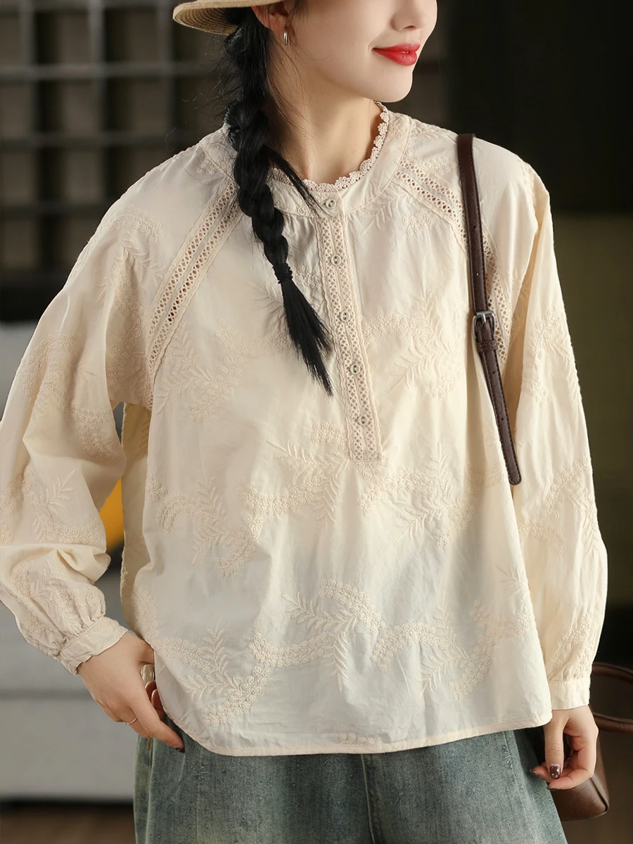 

Artistic Sle Pure Cotton Long Sve Women's irt Embroidered Floral Trim Spring Collection Comfortable Fit Cotton Blouse