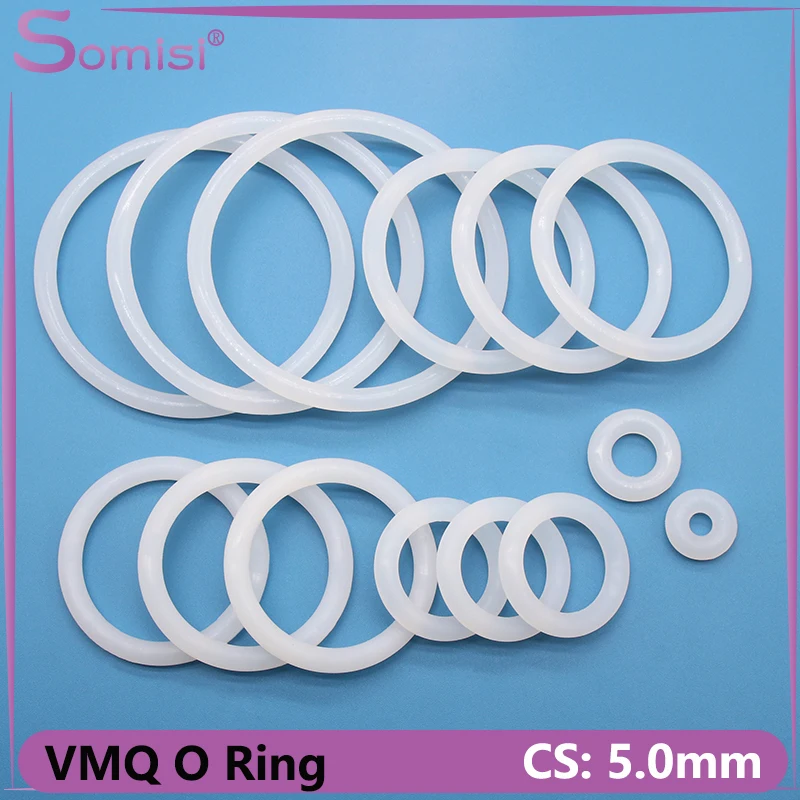 

10pcs VMQ O Ring Gasket White CS 5mm OD 15 ~ 155mm Food Grade Waterproof Washer Round O Shape Silicone Rubber Ring