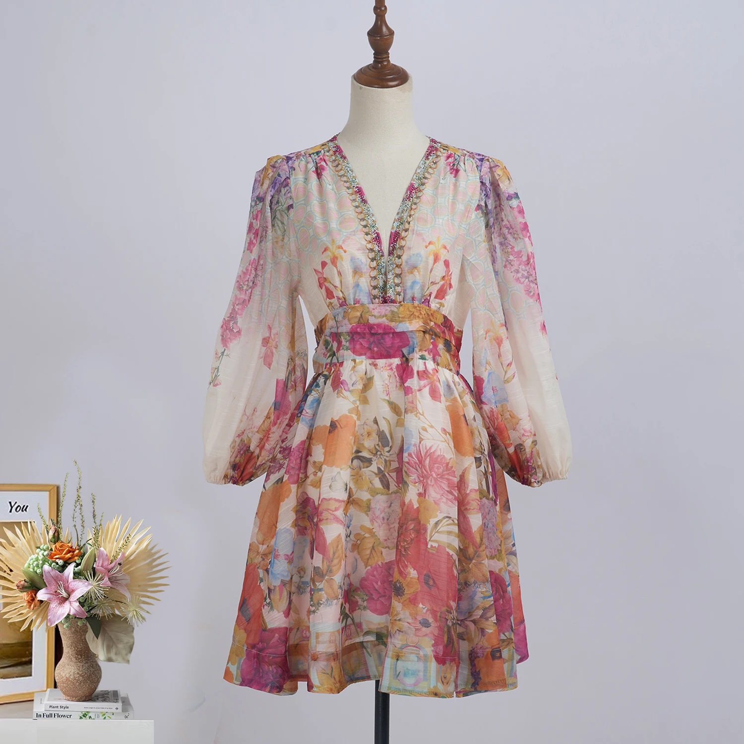 Faionable Diamond ort Dr Women's Sweet Sle Lantern Sve Print Dr V-Ne Long Sve بوليستر أنتو