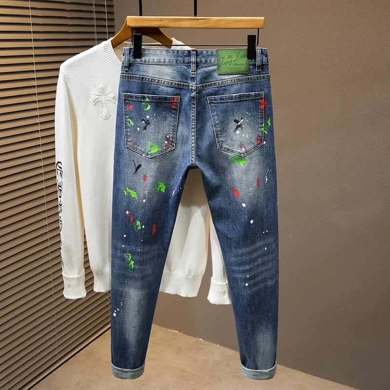 Painted Designer Personalised Street Fashion Men's Jeans Vintage Blue Stretch Slim Hip Hop Jeans Hombre