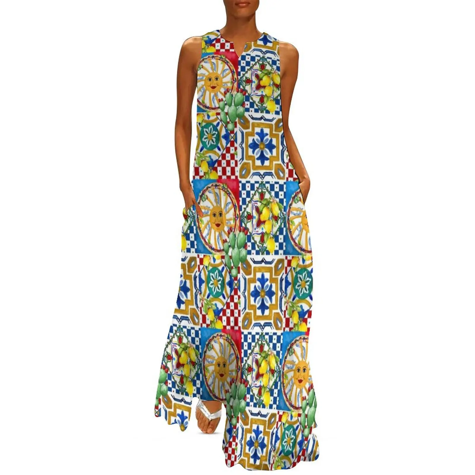 

Sicilian tiles,mediterranean,mosaic,lemons, Long Dress festival outfit women elegant party dress for women 2025 Dress