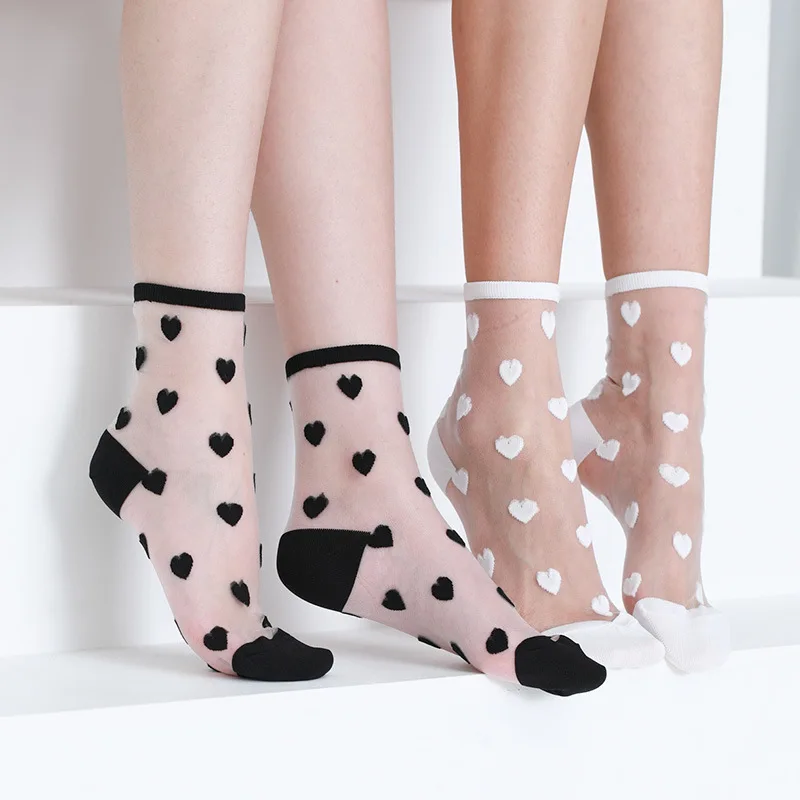 Crystal Lace Socks Women Summer Ultra-thin Color Love Transparent Short Socks Black White Love Heart Sox Breathable Socks