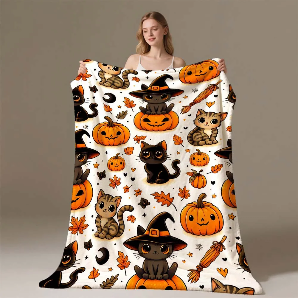 

1 шт., фланелевое одеяло с дизайном кота и тыквы на Хэллоуин — мягкое легкое одеяло для кровати, гостиной, кемпинга