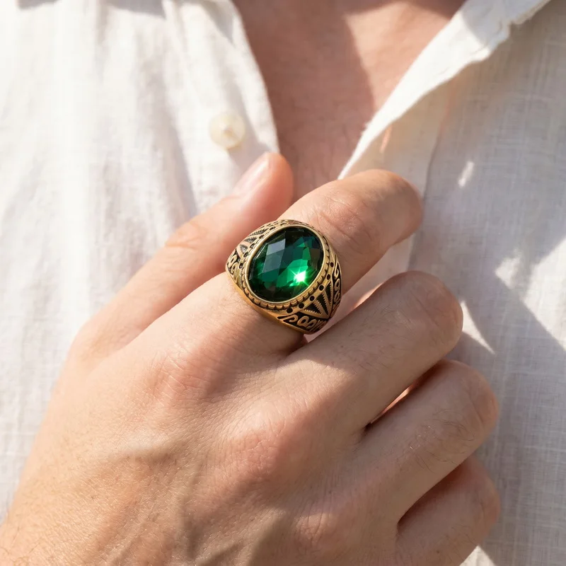 Retro Green High Quality Gemstone Ring Punk US Army Navy Air Force Stainless Steel Eagle Ring Men Fashion Jewelry