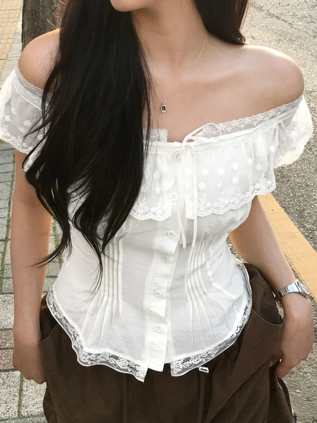 

Fashion Lace Spliced Slim Fit Slash Neck T-Shirts Ruched Sweet Style Solid Chic Cute Design Women Blouses