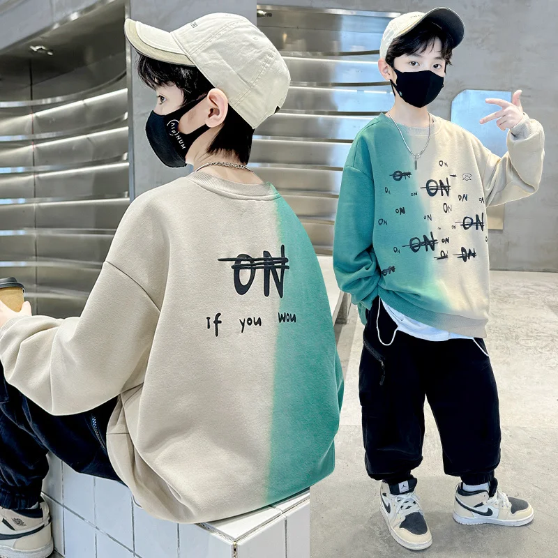 

New Letter Printed Streetwear Long Sleeve T shirt Retro Design Pullover Tops Kids Boy Spring Clothing Sweatshirt with Gradient