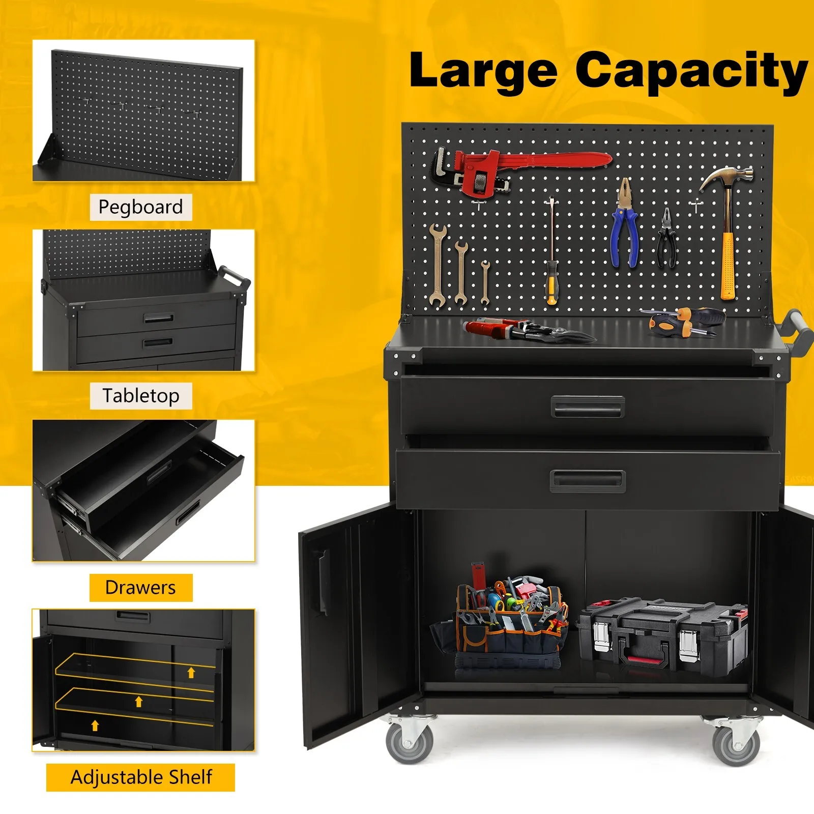 51.8" Mobile Workbench with Pegboard & Drawers