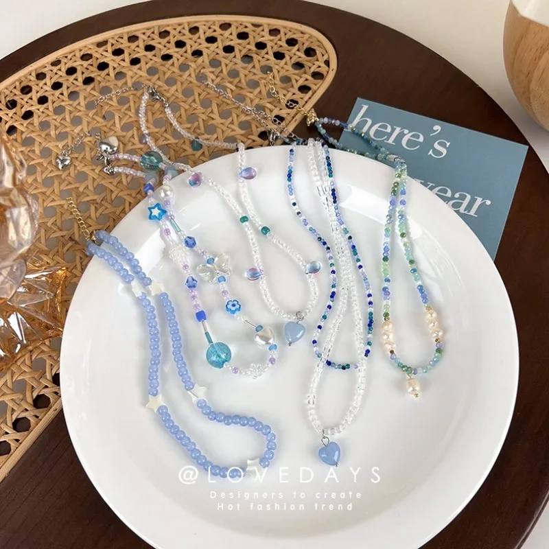 Blue Handmade Colorful Beaded Necklace Summer Versatile Layering Crystal Choker Trendy Hot Girl Collarbone Jewelry for Women