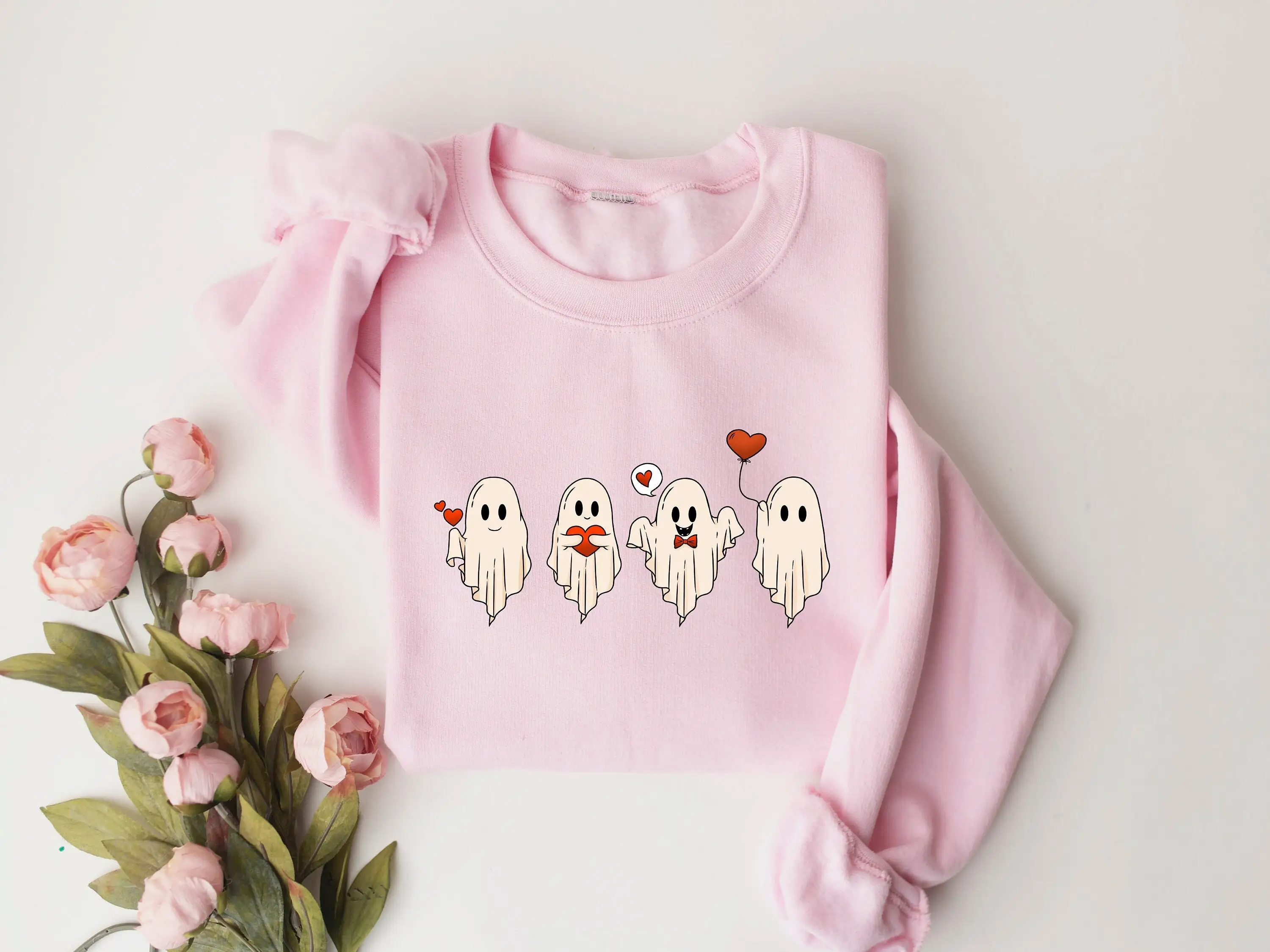 Cute Cotton Ghost Love Print Valentine Women Sweatshirt Funny Ghost Love You Slogan Sweater Fashion Valentine's Day Girl Tops