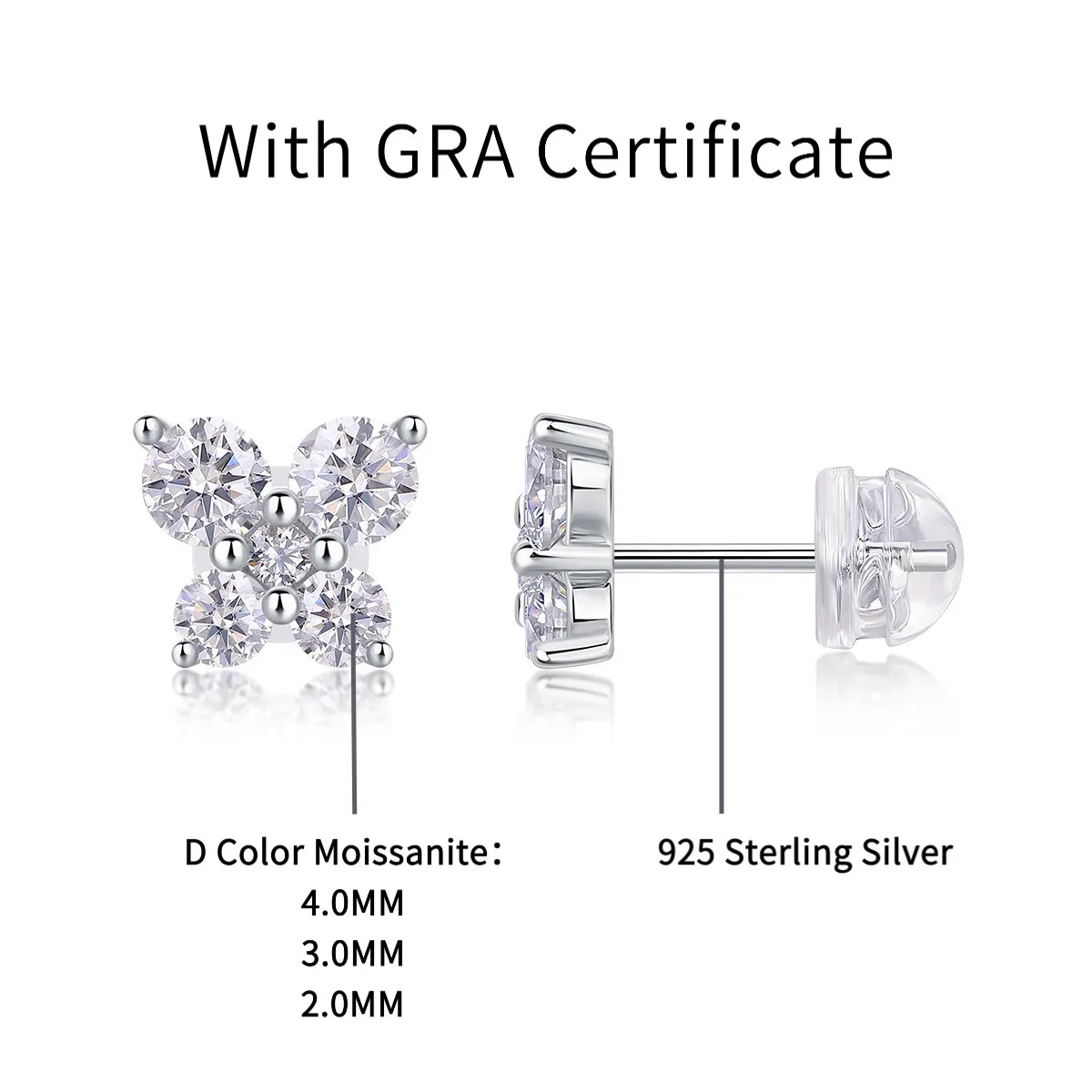 JH D VVS1 فراشة مويسانيتي مستديرة وأقراط للنساء رجل 4 أحجار S925 قرط فضي الاسترليني مع GRA هدية مجوهرات