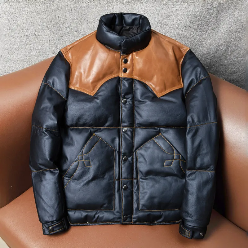 

Color matching first layer cowhide men's short thickened duck down warm stand-up collar leather bread down jacket