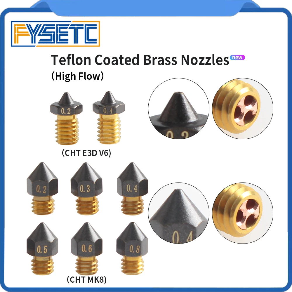 FYSETC High Flow CHT MK8/E3D V6 PTFE Coated Brass Nozzle 0.2/0.3/0.4/0.5/0.6/0.8mm 3D Printer Nozzles for 3D Printer Accessories