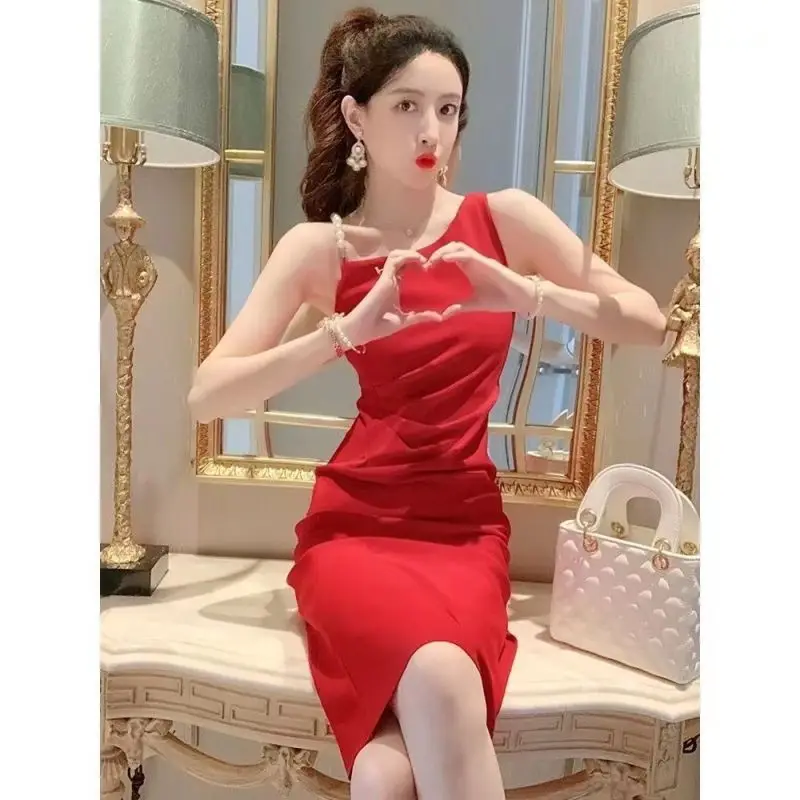 Women Summer Graceful Pearl Strap Diagonal Collar Midi Dress Korean Lady Sexy Slim Sleeveless Red Dresses 2024 Dinner Party Gown