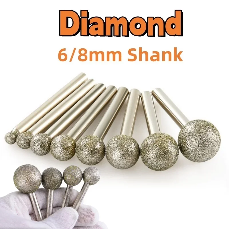 Diamond Grinding Head Spherical 6/8mm Shank Ball Round Burr Grinding Bit F-Needle Jade Carving Tools Carving and Polishing Parts