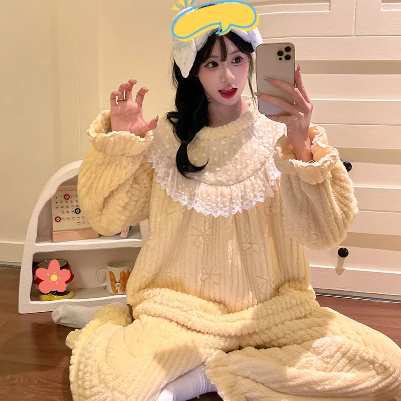 

Женский пижамный комплект из кораллового флиса, осенне-зимний фланелевой пижамный комплект с длинными рукавами для милых девочек, теплая утепленная домашняя одежда, уютная одежда для дома