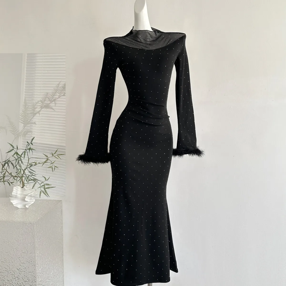 BJTZ 여성용 2025 가을 블랙 이브닝 파티 캐주얼 드레스 럭셔리 플러시 소매 우아한 미니멀리스트 편안한 고품질